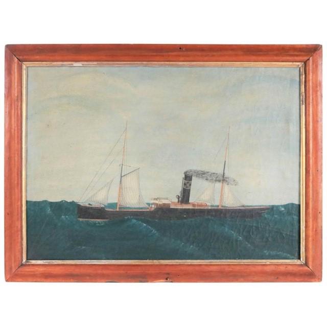19th Century Steamship Painting "Sinloo": An early to mid-19th century painting of the steamship "Sinloo" underway, with sails and smoke from the stack. Nicely painted in the manner of Antonio Jacobsen, but more naive. A great example of mari