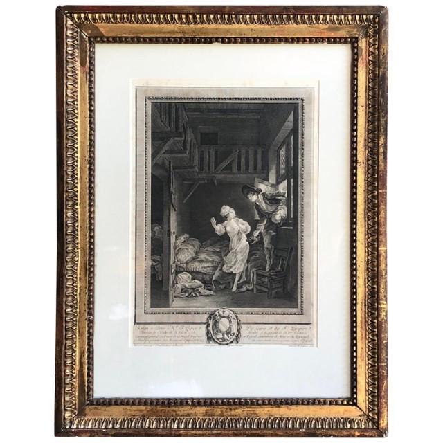 18th C. French Print by Pierre Philippe Choffard: A late 18th century French engraving titled â€œMarche tout doux, parlez tout bas” (Walk very softly, speak very low) by Pierre Philippe Choffard (1731-1809) considered his finest work. Frame
