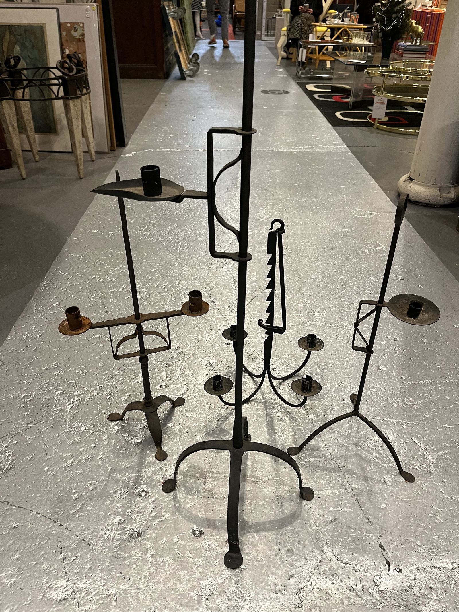 Wrought Iron Lighting, 4 Pieces: A 4-piece lot of hand-wrought iron lighting.36" tallest