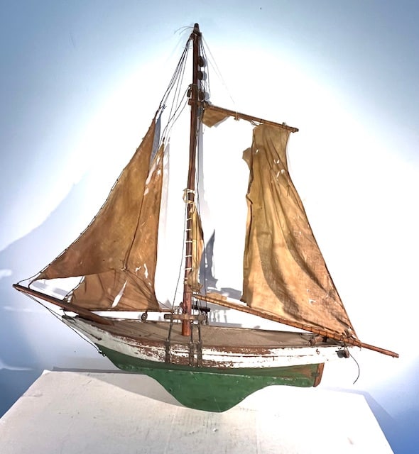 Antique Model Sailboat: A 19th century model sailboat, original paint. 29" w x 7" d x 31" h