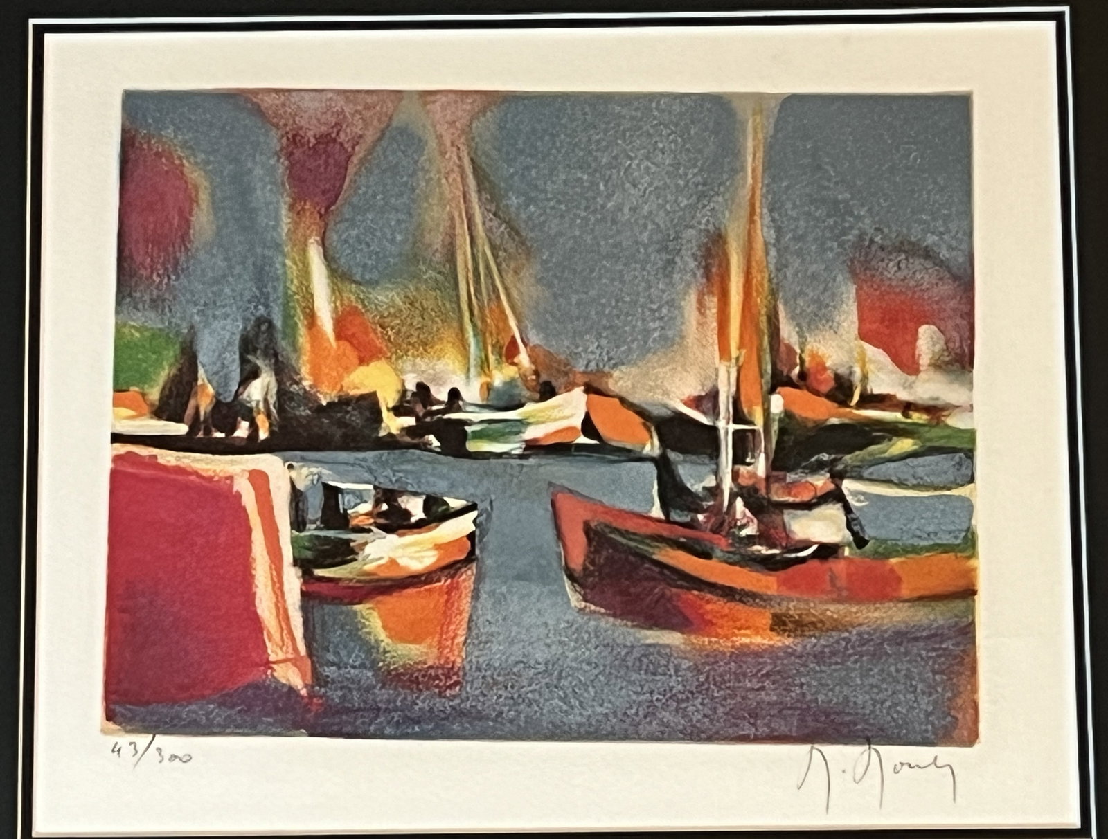 Abstract Harbor Scene Litho., Marcel Mouly (1918-2008): An abstract harbor scene by Marcel Mouly (1918-2008) French, framed under glass, signed and numbered 43/300.