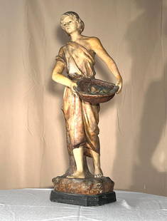 Terracotta Statue of Woman, August Otto (1868-1947): A glazed terracotta statue of a a woman with a basket, signed by the sculptor "AUG OTTO" with a serial number and "Austria" stamped in the underside of the base. Early 20th century.29" h x 12" d x