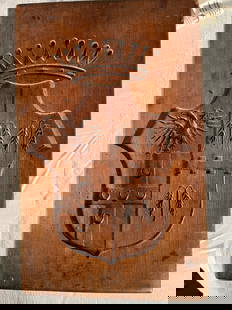19th Century Carved Wood Heraldic Crest Panel: A 19th century heraldic crest in carved wood, depicting a two-headed griffon, wheat and a cross, all under a crown. Possibly Austrian.