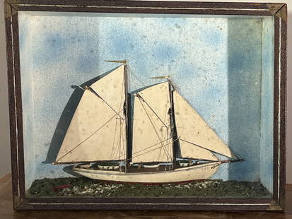 Antique Ship Diorama: A 19th century ship diorama of a two masted sailboat "Dot", the original case decorated with compass stars. 10" h x 13.5" w x 3.5" d