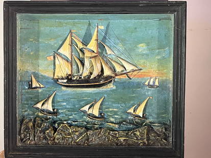 Antique Ship Diorama: A 19th century ship diorama of several sailing vessels, the original case with glass panel. 19" w x 17" h x 4" d