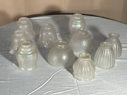 Grouping of 10 Frosted Glass Shades, 1920's: A grouping of 10 frosted glass shades, 5" h x 3" dia.