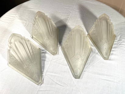 Set of 4 Art Deco Glass Shades: A set of 4 Art Deco glass sconce shades, frosted. 11.5" h x 7.5" w x 4" d