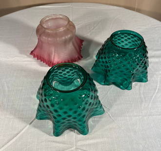 Grouping of 3 Glass Shades, 1920's: A grouping of 3 frosted glass shades, two are green hobnail glass, circa 1920. 7.5" x 4"