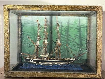 Antique Ship Model in Case, Diorama: An antique ship model in glass case, diorama background, 19th century.15" w x 9" d x 11" h
