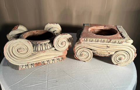 3 Architectural Column Capitals: A Pair of terra cotta architectural capitals, with a plaster architectural capital. 19th century. 12" h x 8" x 8"