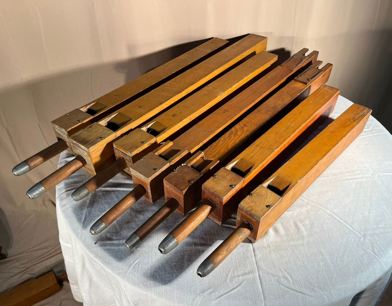 A Collection of 7 Large Church Organ Pipes: A collection of 7 large wood church organ pipes. 44" largest