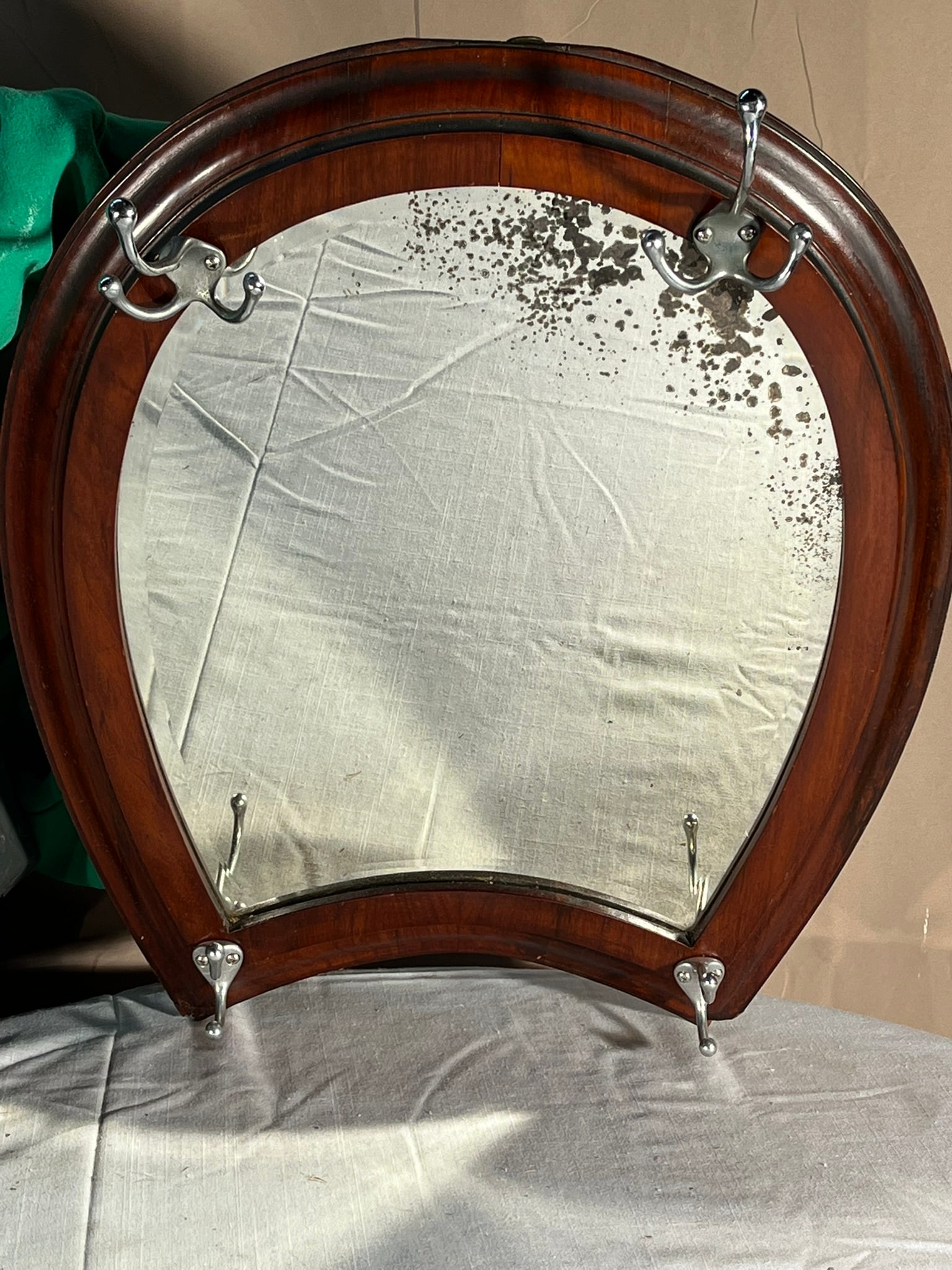 Mahogany Horseshoe Shaped Mirror with Hooks (1 of 6)