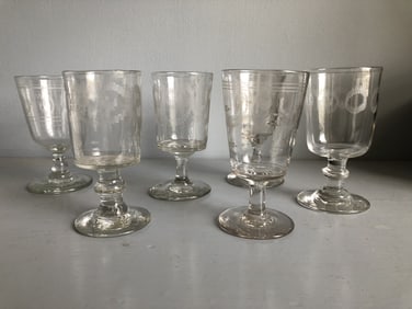 Set of 8 Etched Wine Glasses, Early 19th Century