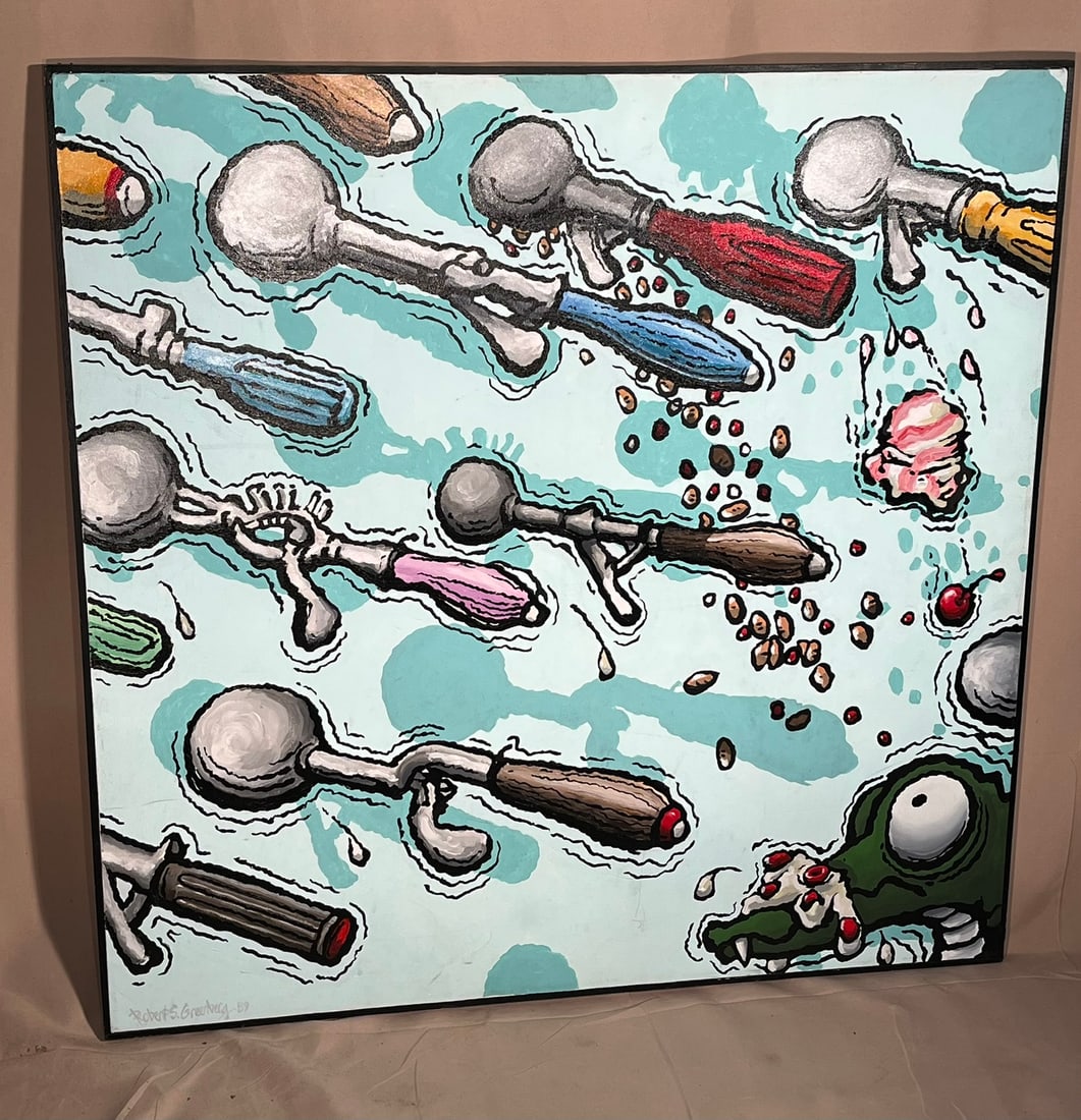 Acrylic on Canvas, Ice Cream, Robert S. Greenberg: An acrylic on canvas painting of ice cream scoops titled "They dropped their loads and left". Signed Robert S. Greenberg. 36" h x 37" w
