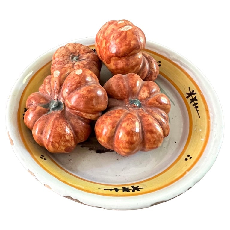 Trompe L'oeil Faience Plate, Gourds, 19th Century French: A 19th century French trompe l'oeil plate in faience, with orange gourds.8.75" dia. x 3" h