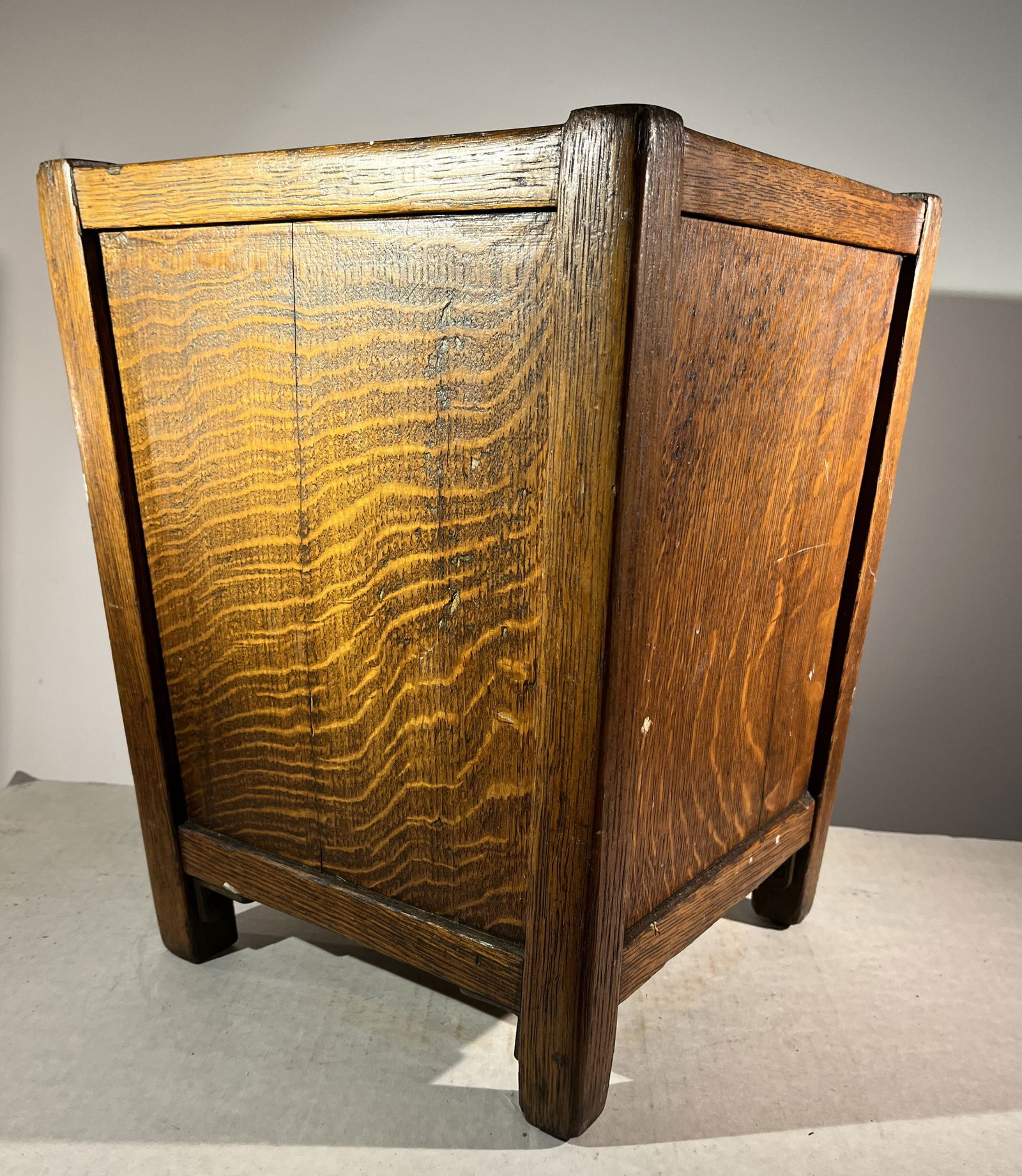 Oak Waste Basket, 1920's: An oak waste basket, circa 1920.12" x 12" x 15" h