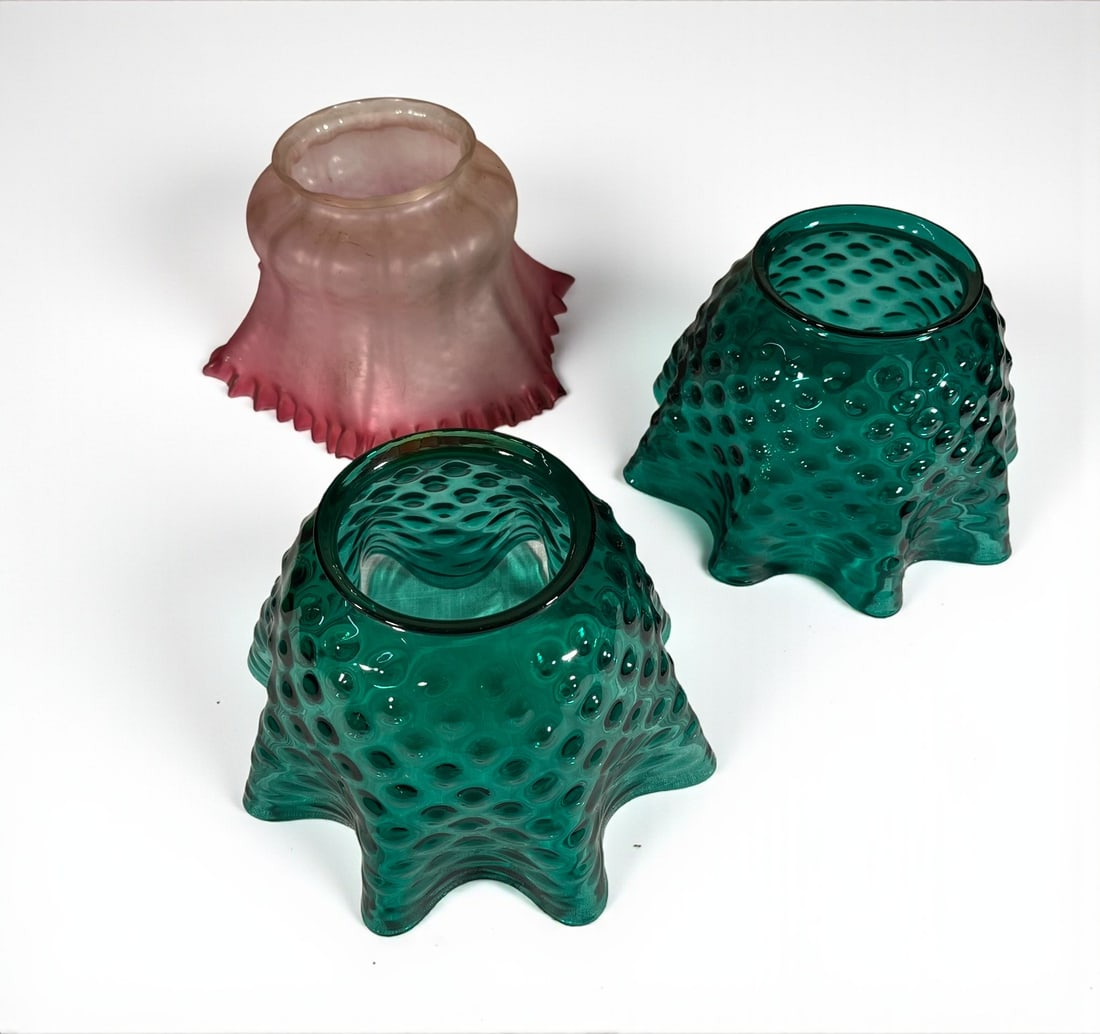 3 Blown Glass Shades: 3 blown glass shades, green hobnail and pink tulip, circa 1920.