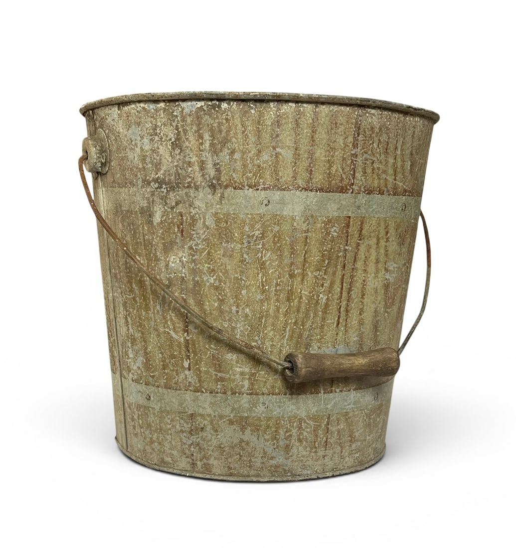 Faux Bois Painted Bucket: A tole bucket with handle, circa 1900, in a painted wood grain finish. 11" dia. x 11" h