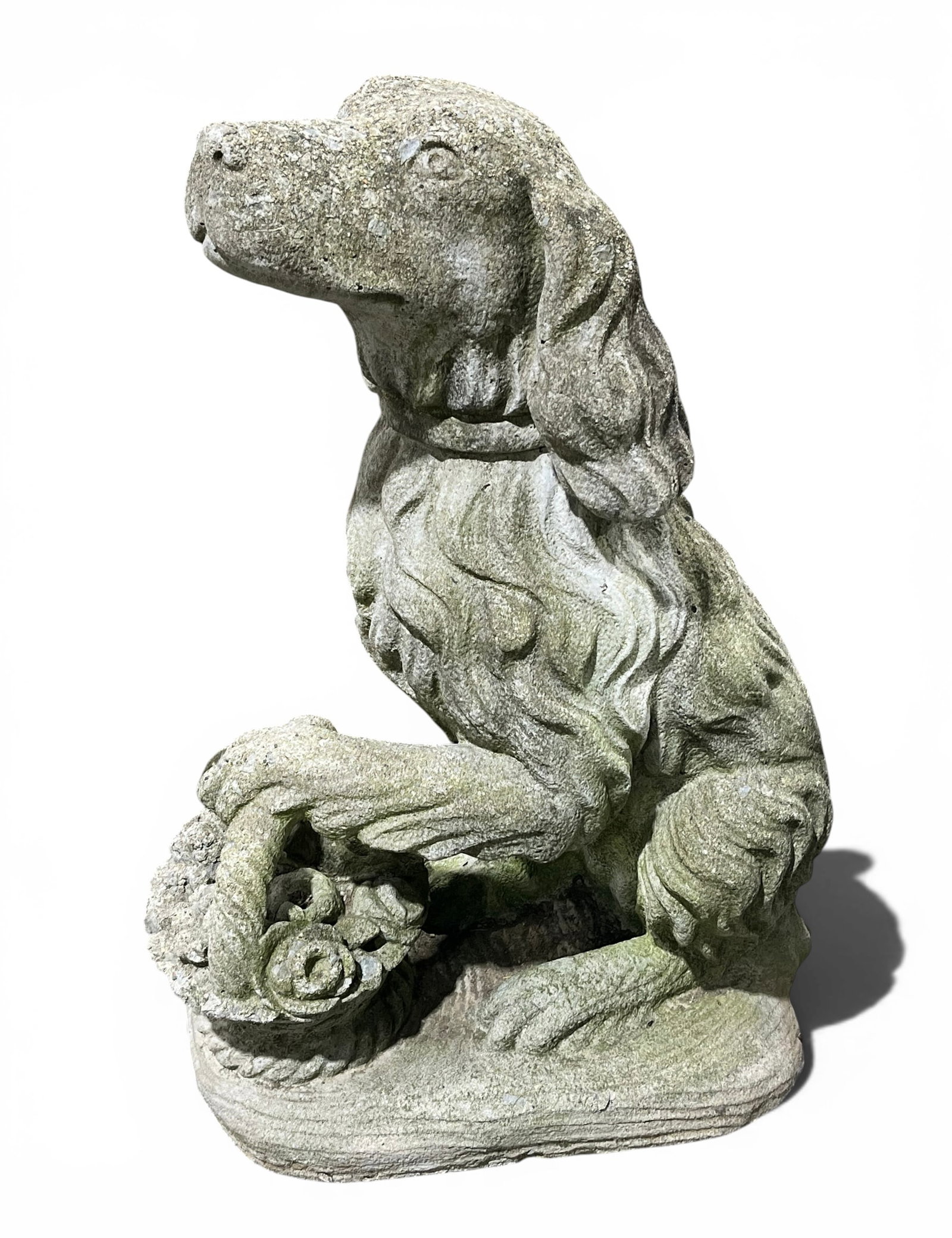 Cast Stone Garden Statue, Dog with Basket: A cast stone garden statue of a setter with a basket, 20th century.18" d x 9" w x 25" h