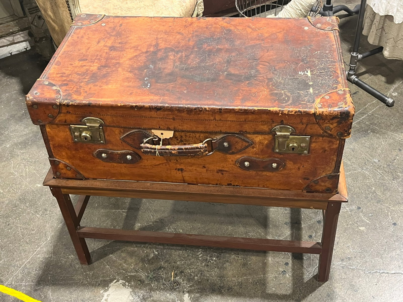 Antique Leather Trunk on Stand - 2