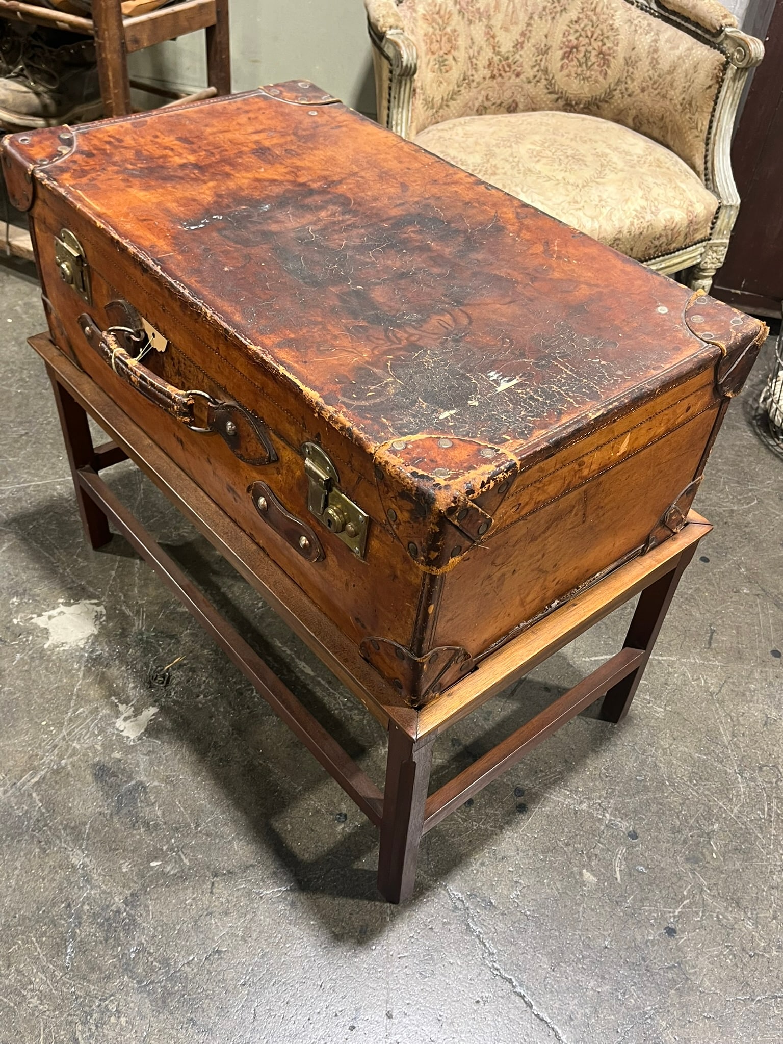 Antique Leather Trunk on Stand - 3