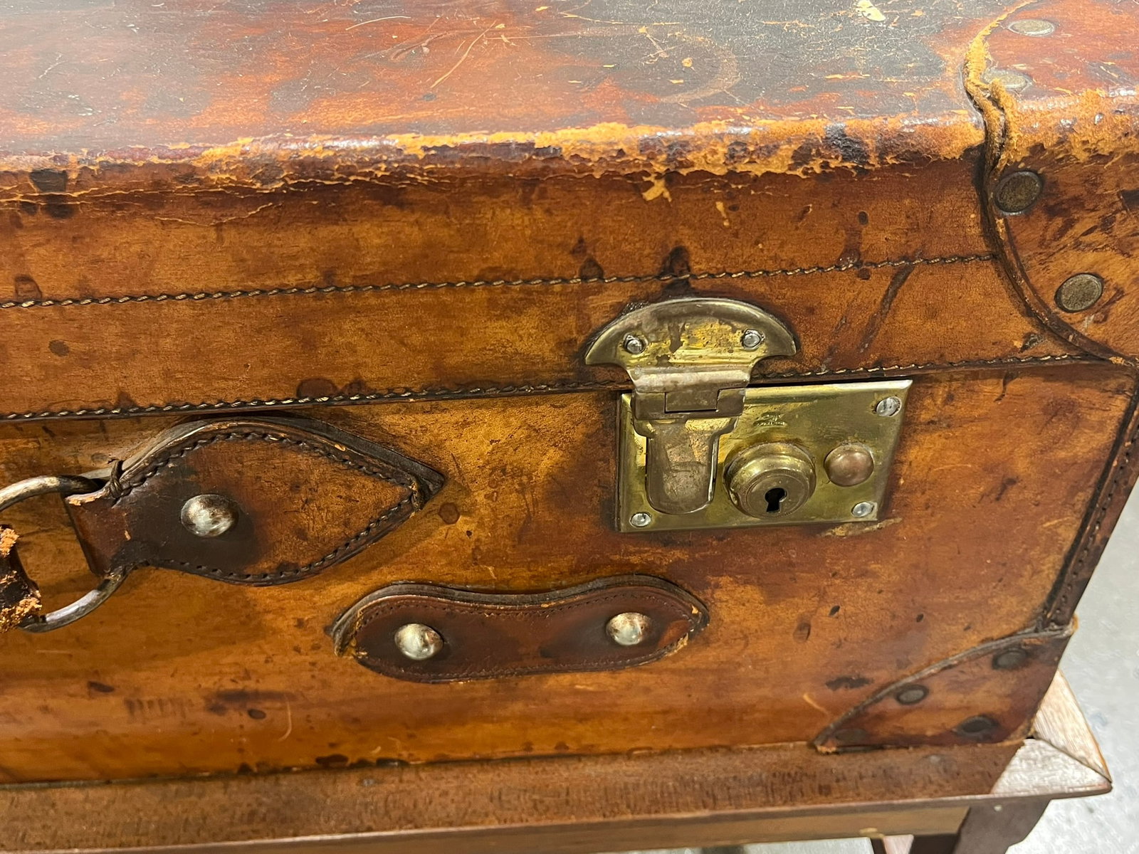 Antique Leather Trunk on Stand - 4