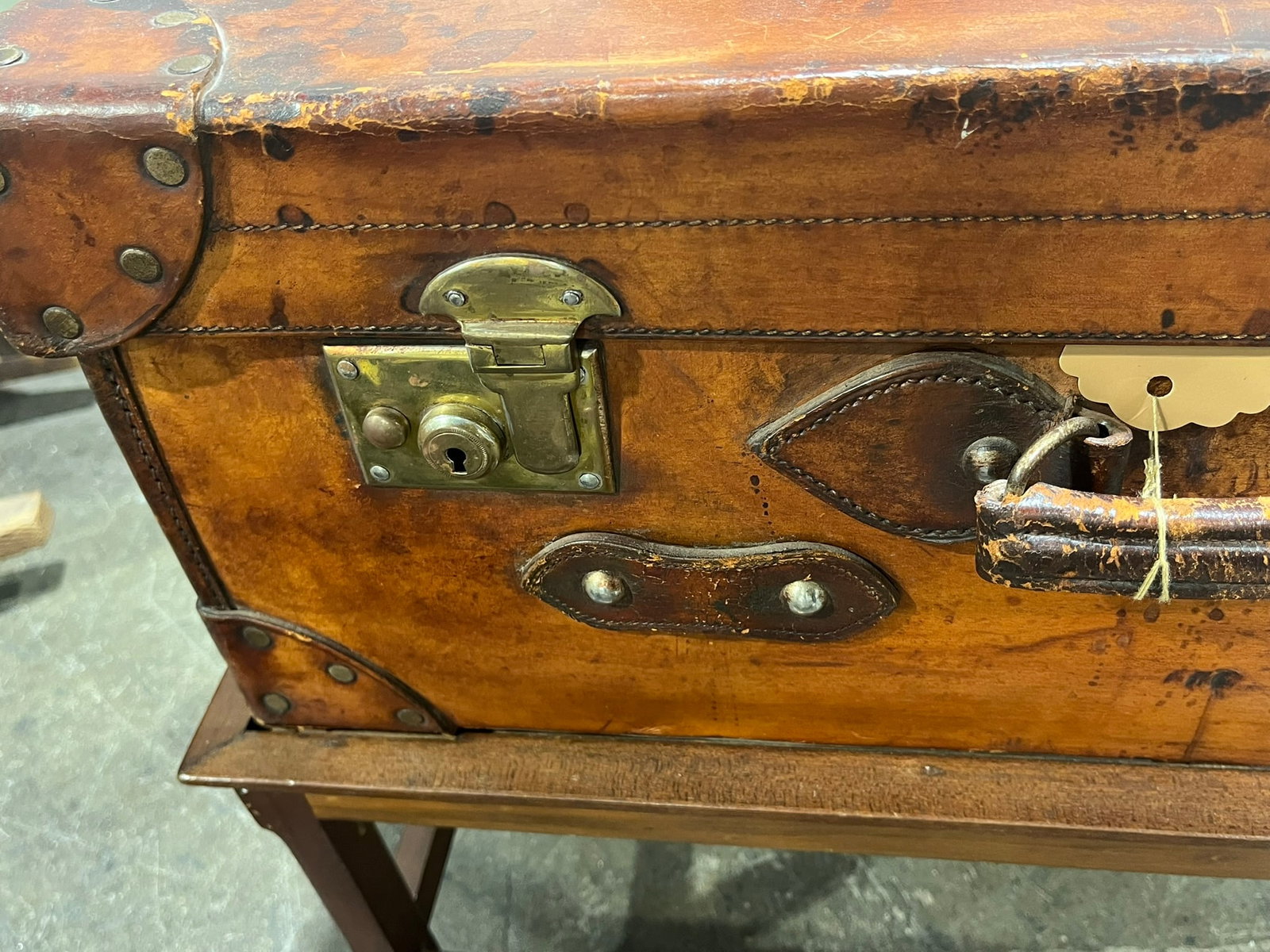 Antique Leather Trunk on Stand - 5