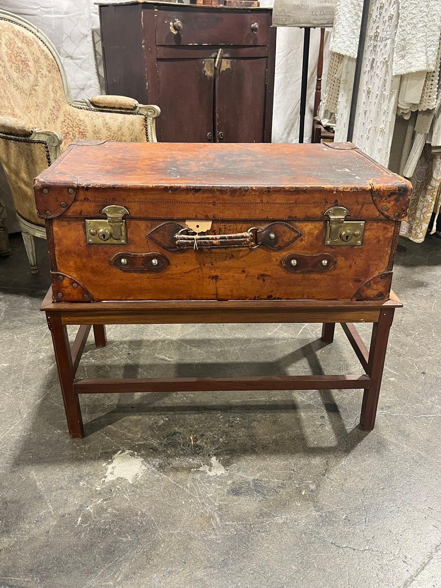 Antique Leather Trunk on Stand - 6