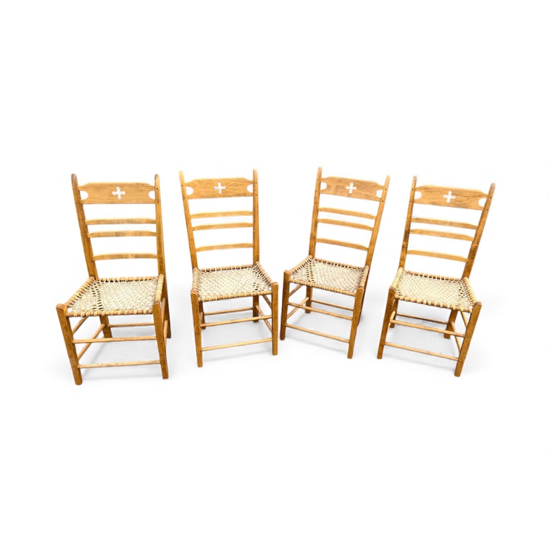 Set of 4 Sinew Seat Chairs: A set of 4 maple dining chairs with woven sinew seats. 16" x 16" x 38" h, 18" seat h