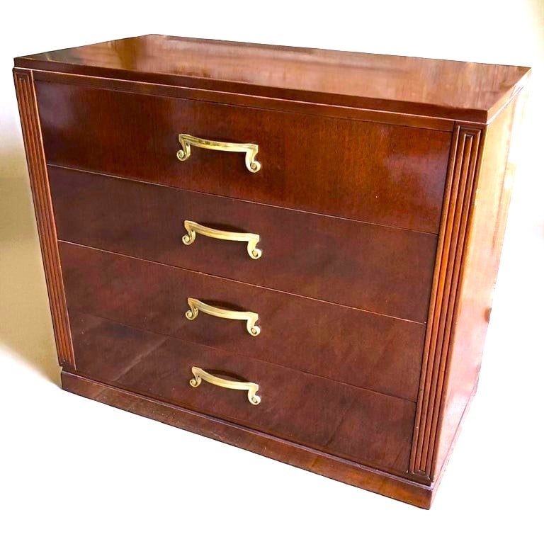 Mid-Century Modern Dresser: A mid-century modern dresser in mahogany with brass pulls, Orsinigo Furniture Co. 21" d x 40" w x 34" h