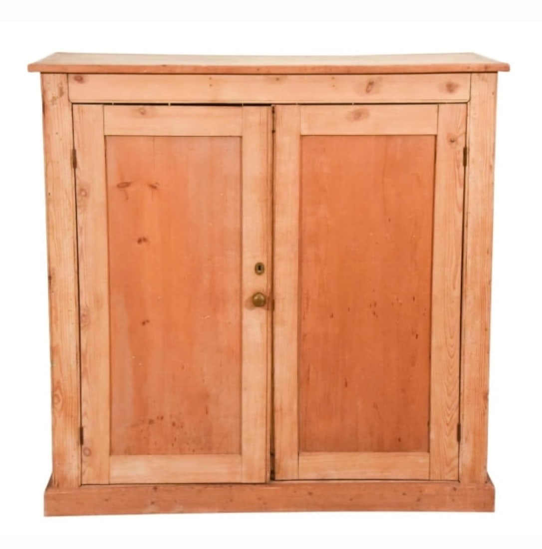 Large Stripped Pine 2-door Jelly Cabinet: A large 2-door stripped pine jelly cabinet with interior shelves, possibly English. 20" d x 50" w x 50" h
