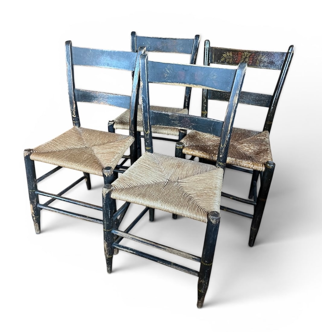 Set of 4 Hitchcock Chairs: A matched set of 4 painted Hitchcock chairs, 19th century with rush seats. 16" w x 20" d x 35" h