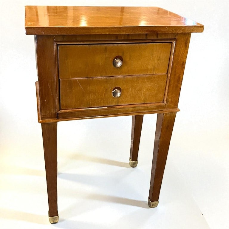 French 1940's Side Stand: A French 1940's side stand in sycamore, style of Andre Arbus, with brass foot caps. 12" d x 17.5" w x 26.5" h
