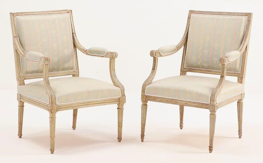 Pair of Louis XVI Fauteuils, Signed A. P. Dupain, Circa 1780: A pair of French Louis XVI period fauteuils, in light grey painted beech, upholstered in the same silk taffeta as Lot 73, signed A.P Dupain (Adrien-Pierre Dupain, maitre 1772). 24" d x 22" w x 33" h x