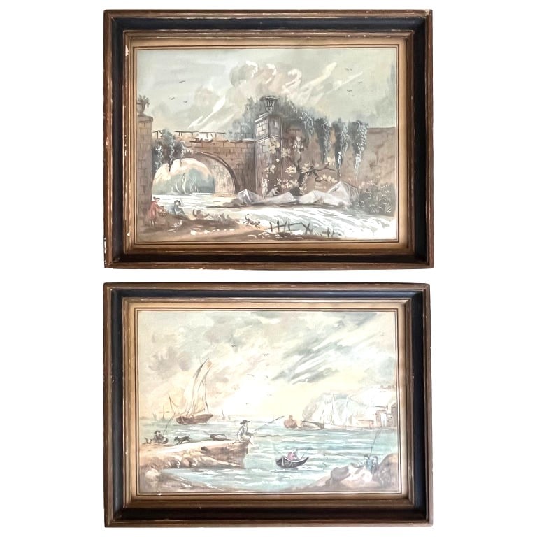 Pair of French Genre Scenes, Watercolor on Paper, 19th C. (1 of 6)