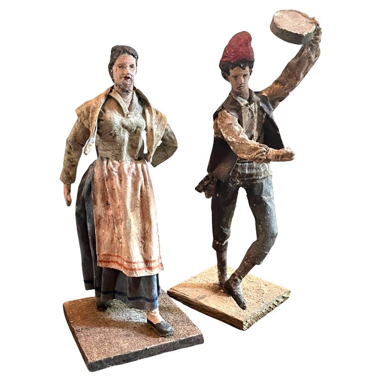 Pair of French or Italian Figurines: A pair of French or Italian paper-mache folk-art figurines, male and female peasants. 4" x 4" x 11" h each. 19th century