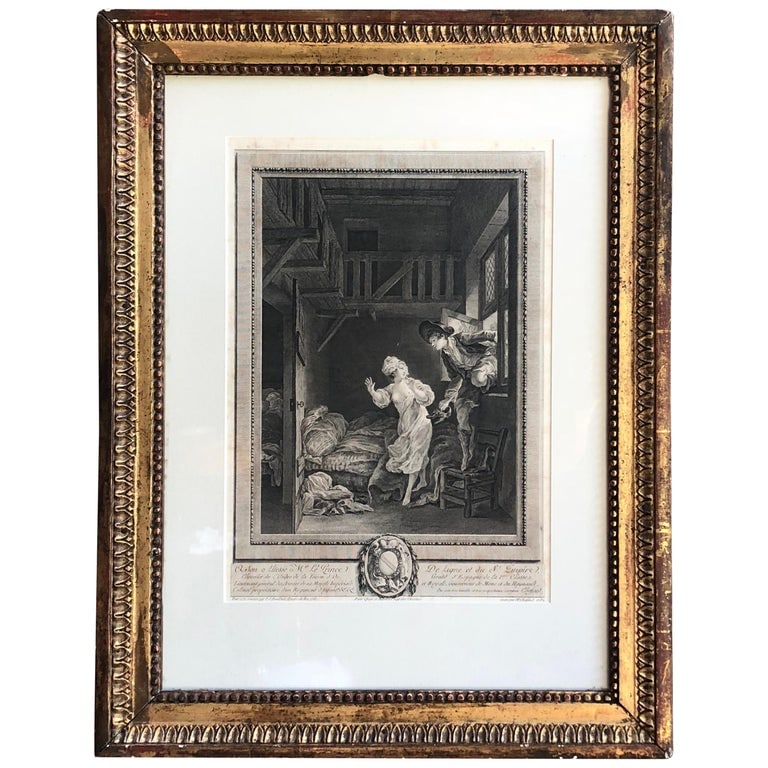 Louis XVI Engraving, Pierre Philippe Choffard, Circa 1810: An early 19th century copper plate engraving by Pierre Philippe Chofard titled "Marche tout doux, parles tout bas' (Walk softly, speak very low). In a period Louis XVI giltwood frame. 20" w x 25" h