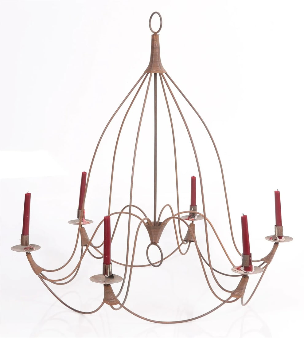 6-Candle Bell-Form Chandelier: A 6-candle bell-form chandelier in steel, retailed by Pierre Deux, circa 1980. Unelectrified. 34" dia. x 34" h