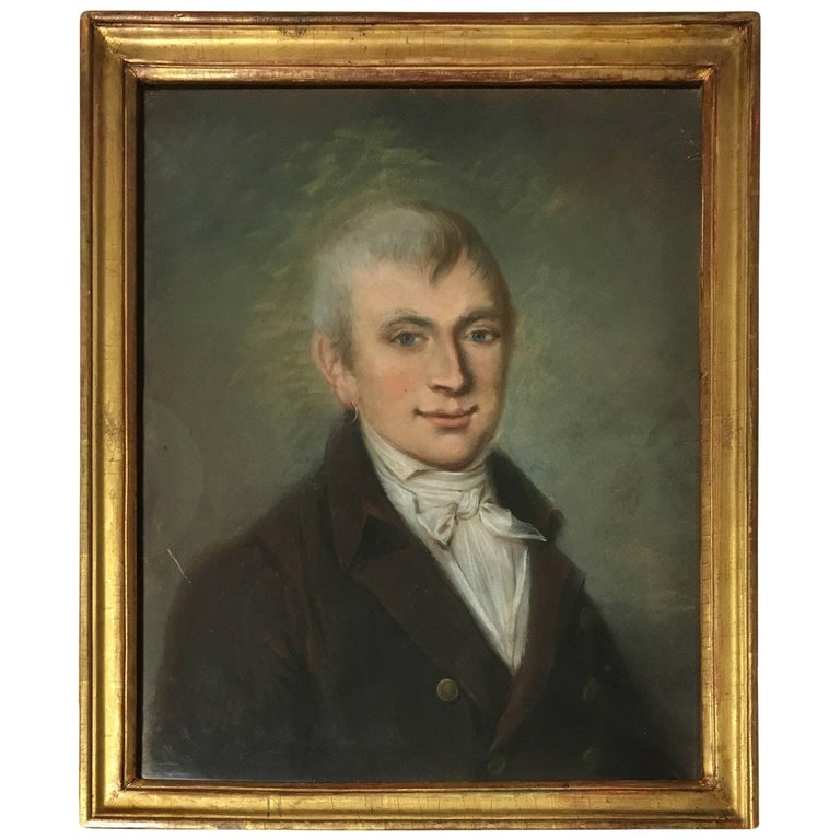 French Empire Portrait of Young Man: An early 19th century French pastel portrait of a young gentleman, in period giltwood frame under glass. 19.5" w x 23" h
