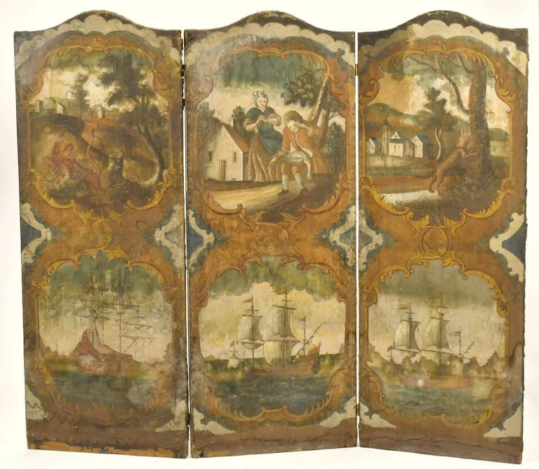 French Louis XV 3-Panel Screen, Circa 1770: A French Louis XV period 3-panel paravent, painted canvas over a wood frame, depicting various scenes from parables, sailing ships and pastoral settings. 76" w x 65.5" h