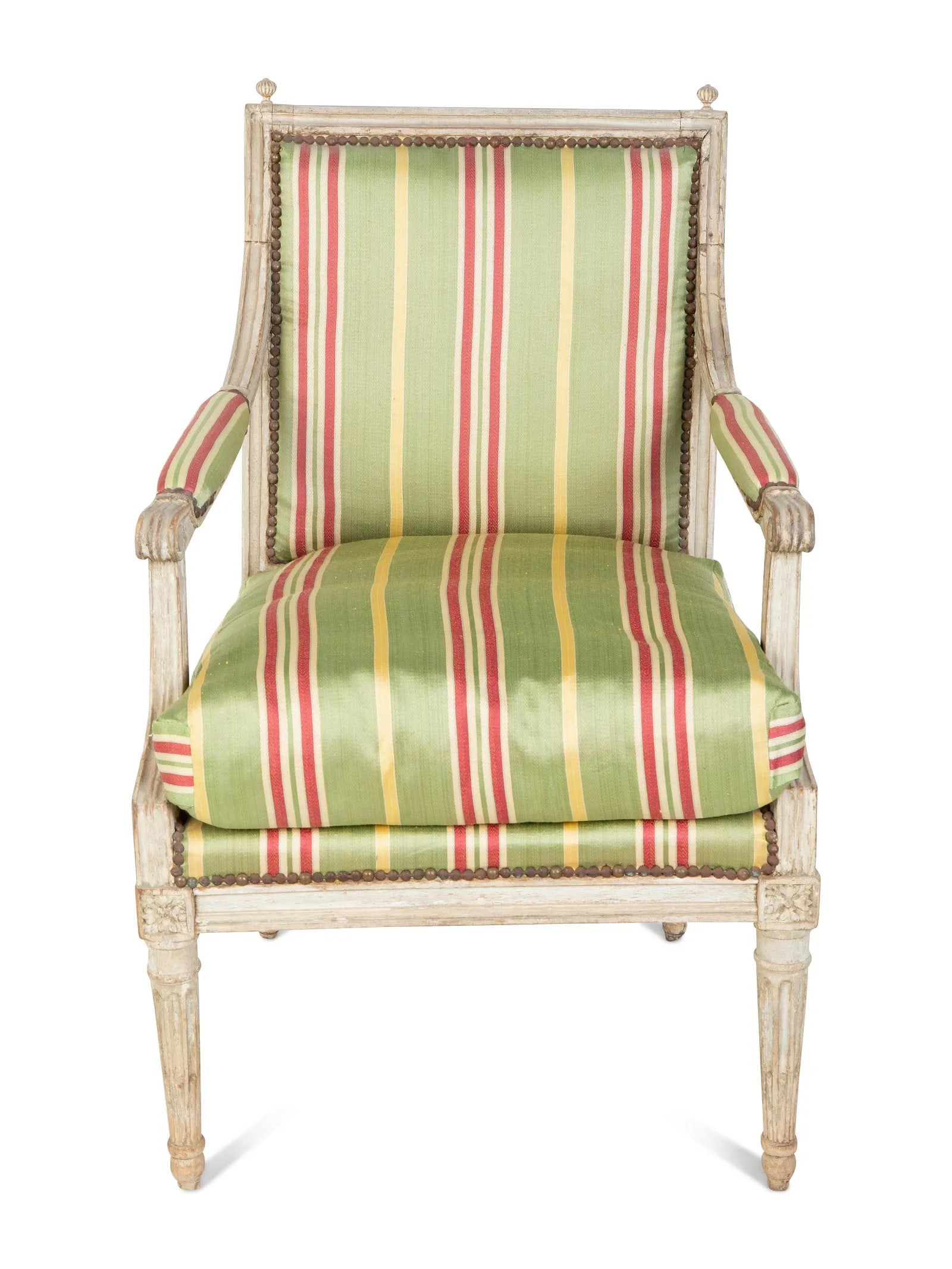 French Louis XVI Armchair, 19th Century: A French Louis XVI style armchair (ensuite with lot 108) in original distressed grey paint, fluted legs and upholstered in an old silk striped fabric. 24" w x 23" d x 34" h x 18" seat h
