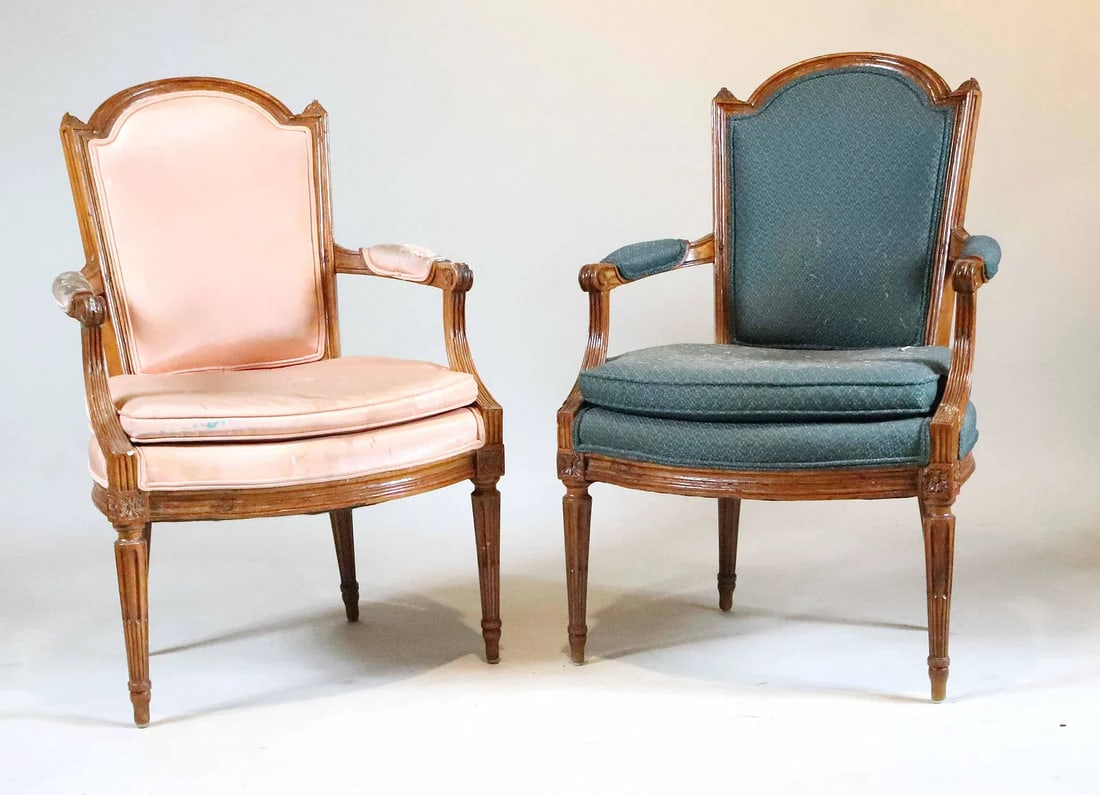 Pair of Signed Louis XVI Fauteuils, L M Pluvinet, Circa 1780: A pair of French Louis XVI fauteuils in beech, signed under rail L M Pluvinet (Louis-Magdelaine Pluvinet, maitre 1775). 23" x 23" x 35" h En suite with lot 118.