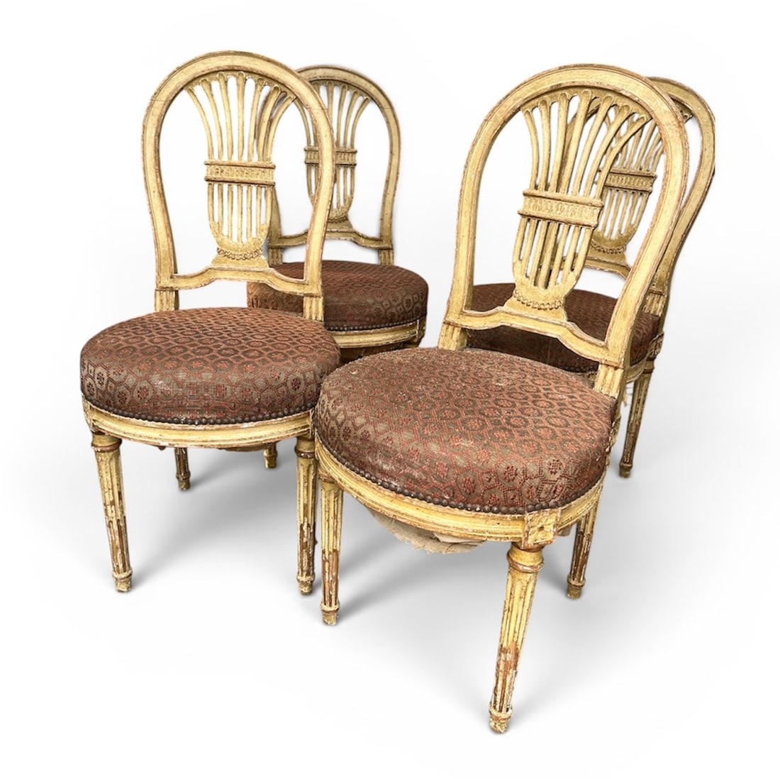 Set of 4 Louis XVI Style Balloon Back Chairs: A set of 4 Louis XVI style side chairs in yellow ochre painted finish, old horsehair fabric seats. From the private collection of Pierre Moulin, founder of the Pierre Deux French Country shops. 17" x 