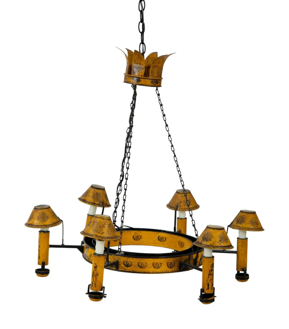 French Empire Tole Chandelier: A French Tole Chandelier, Second Empire period circa 1870, with six arms holding tole shades, with yellow painted finish and black transferware Napoleonic figures, surrounding a central circular reser