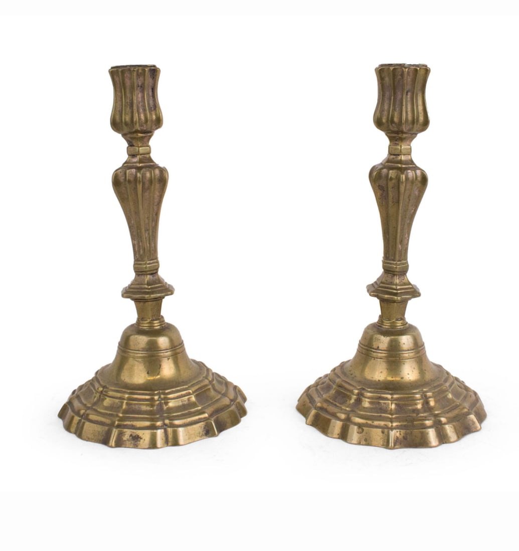 Pair of Louis XVI Brass Candlesticks: A pair of brass Louis XVI period candlesticks, circa 1780. 6" dia. x 10" h
