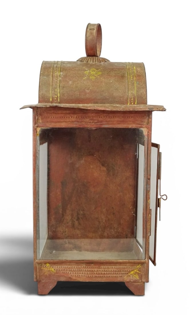 French Tole Lantern: An antique French tole lantern in red ochre finish with gilt decoration, 19th century. 8" x 8" x 21"h