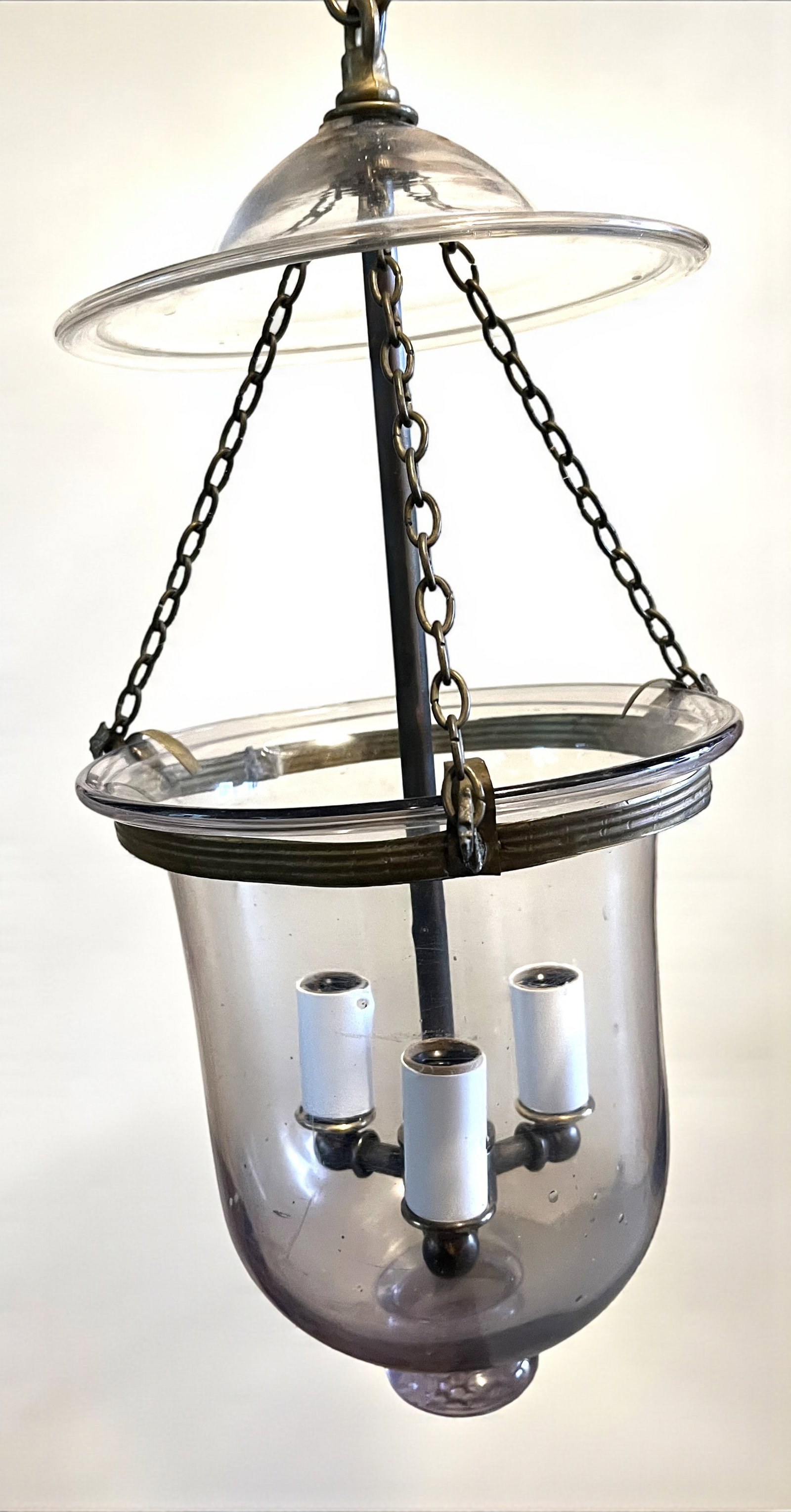 Petite Hand-Blown Hurricane Lantern, 19th Century: A petite hand-blown hurricane shade recently electrified with a brass cluster socket, mid 19th century.