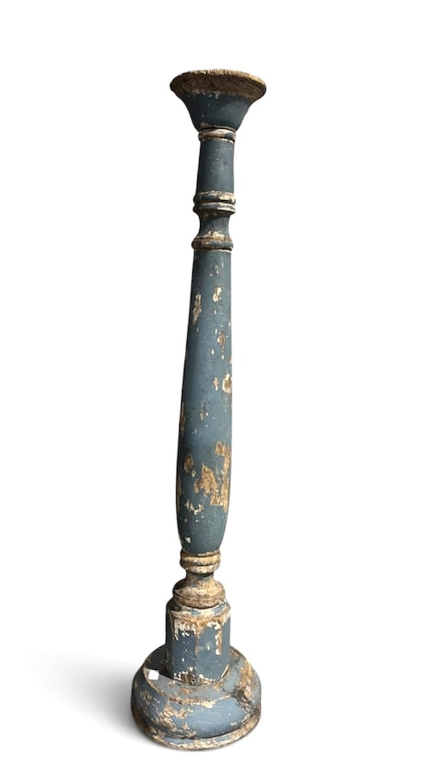 French Provincial Altar Candlestick, 19th Century: A French country altar candlestick in old blue paint, 32" h 7"dia.