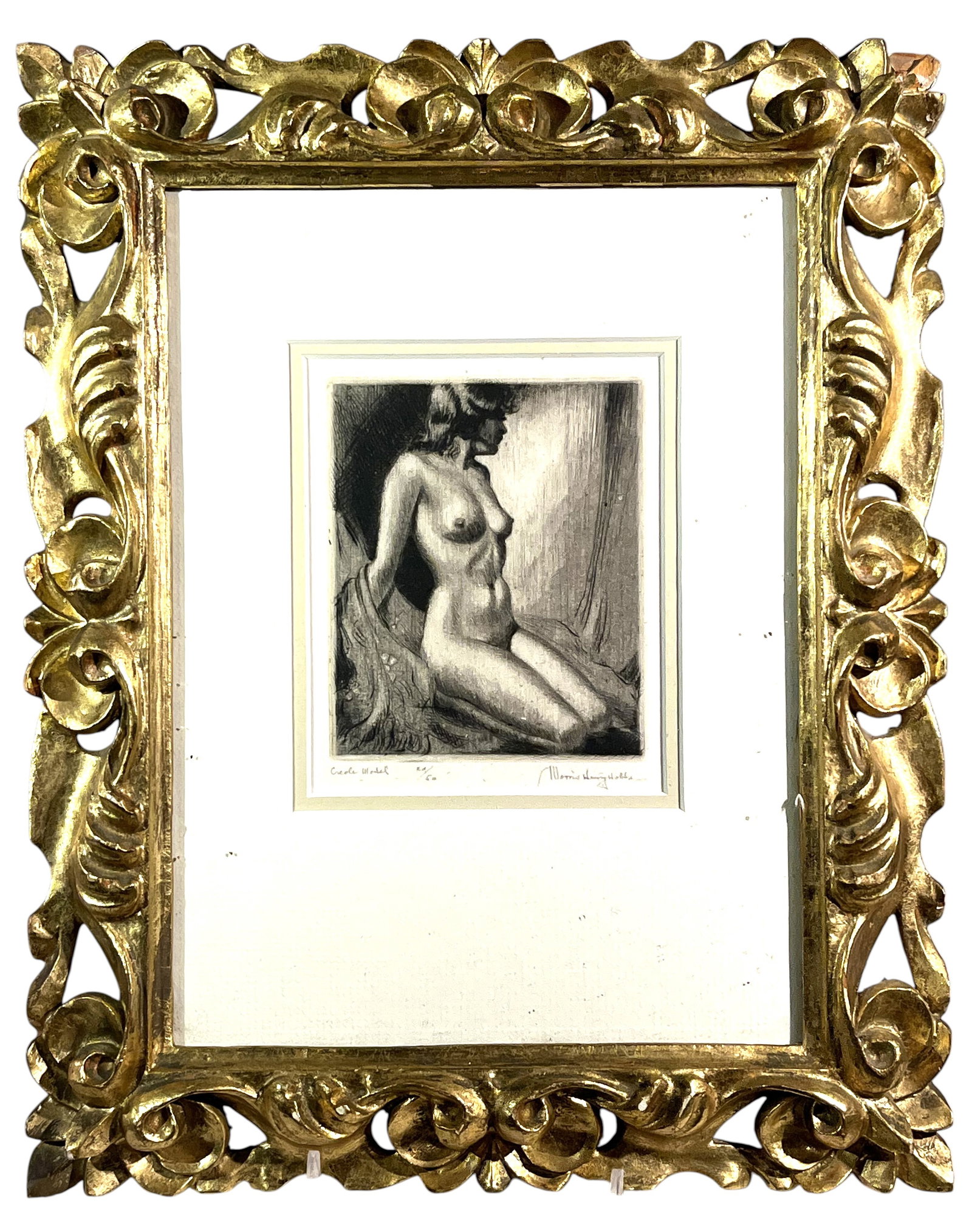 Morris Henry Hobbs Engraving: A fine engraved print in baroque giltwood frame, titled "Creole Model" by Morris Henry Hobbs, signed and numbered in pencil 29/50. frame-10" x 12", image 4" w x 5" h