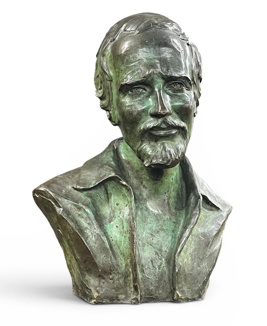 Bronze Bust of a Man: A life-size patinated bronze bust of a man, titled "The Dreamer" signed Marc de Corte, Capri 1968, with another name partially illegible "David Rowniley"? 16" w x 12" d x 21" h
